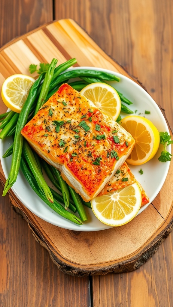 Air fryer salmon fillet on cedar plank, garnished with herbs and lemon, on a rustic wooden table.